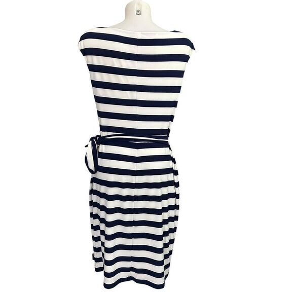 Ralph Lauren Navy White Striped Cap Sleeve Ruched Waist Drape Neck Dress sz‎ 12 - Picture 6 of 12